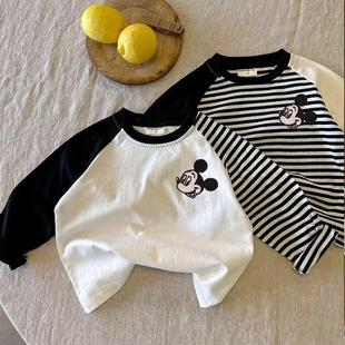 Cotton children's T-shirt embroidered Mickey 2024 new baby boys and girls raglan striped Korean base shirt top