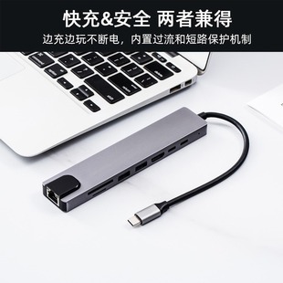 Customized Eight-In-One Expander Type-C to HDMI Network Card Converter Typec Multi-Function Docking Station 8in1