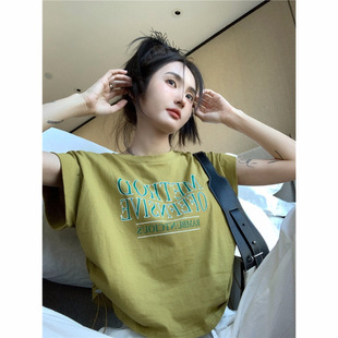 6535 Cotton Shoulder Drawstring Short-sleeved T-shirt Women's Summer Short Jazz Dance Loose Chic Navel Top Sweet Spicy Jazz