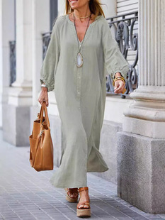 2025 New Spring and Summer Cross-border Amazon Cotton and Linen Shirt Fashion Casual Long Sleeve Cardigan dress Women
