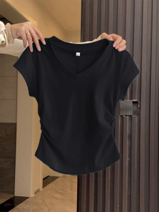 92 Cotton Blue Shoulder Short-sleeved T-shirt Women's Summer Slim-fit Slimming Western-style Pleated Waist Short T-shirt Top