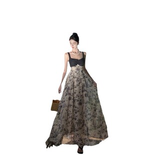 Ink Printing Sling dress Summer New High Waist Stitching Strap Dress Seaside Holiday Travel Long Dress