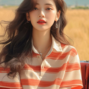 Orange Striped Shirt 2025 Summer New Dopamine Wear Top Wide Loosen Shoulder Short-sleeved Shirt Women