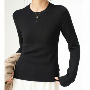 2024 Spring and Autumn New Round Neck Long Sleeve T-shirt Women's All-match Fashionable Slim-fit Slimming Solid Color Base Shirt Top
