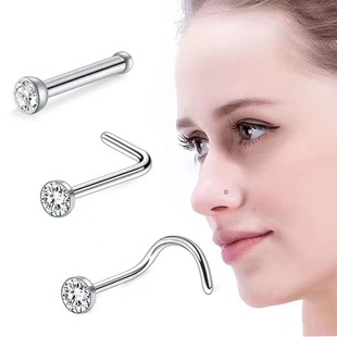 Cross-border stainless steel studded nose nail round ball round cake heart-shaped nose nail inlaid zircon straight rod L rod curved rod nose ornament