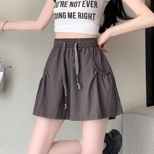 Black Sports Shorts Women's Summer Thin High Waist Slimming Wide Legs Slimming Outer Wear Loose A- shaped Casual Pants Ins Trendy
