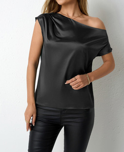 Real Shot of European and American Clothing 2025 Spring and Summer Satin Shirt, Imitation Silk Asymmetrical Slanted Shoulder One-Line Collar Top