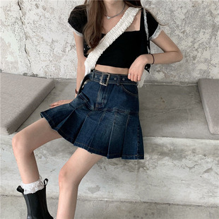 Pleated Denim Skirt Women's Summer Dress Hong Kong Style Retro Large Size Chubby Girl High Waist Slimming All-match A- line Half Skirt