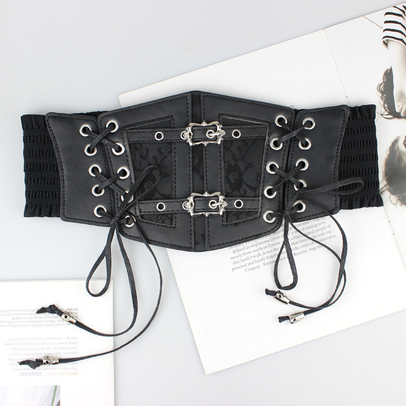 Cross-Border Manufacturer Direct Sales Lace Strap Leather Girdle for Women's Decorative Body Shaping European and American Retro Metal Buckle Elastic