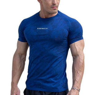 YOUNGLA men's T-shirt summer new sports fitness tights camouflage quick-drying breathable stretch short sleeve black