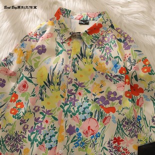 Hawaiian Shirt Coat Hong Kong Style Retro Oil Painting Floral Shirt Men's and Women's Short-sleeved Trendy Brand Design Sense Niche Couple