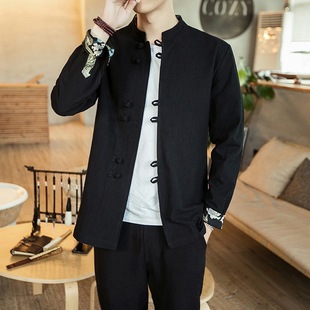 Spring and Summer new Chinese style men's clothing plus size Chinese Tang suit retro trendy long sleeve stand collar casual shirt men's wholesale