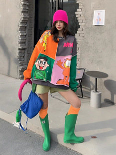 Spring New Contrast Color Casual Stitching European plus size Casual Sports Personality Fashion Cartoon Trendy Brand Round Neck Sweatshirt