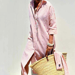 Cross-border independent station 2025 spring European and American women's fashion new striped cardigan seven-sleeve shirt collar dress