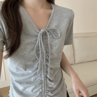 Irregular Drawstring Pleated Shoulder Short-sleeved T-shirt Women's Summer Short Slim-fit Slim-fit Base Shirt Top