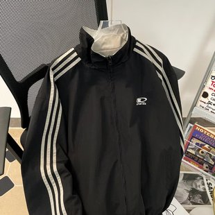 American Trendy Brand Three-Stripe Jacket for Men in Autumn and Winter Loose Retro Stand-Up Collar Top Couple Sports Outwear for Men