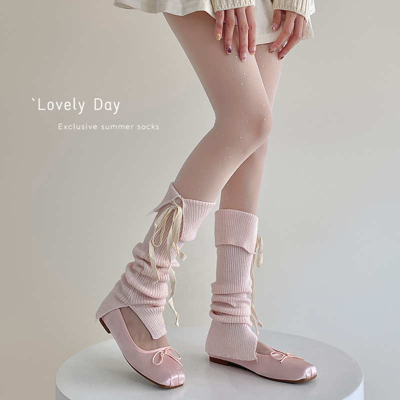 Ballet-style Socks Women's Strap Bow Knitted Pile Solid Color Korean Style Split All-match Girls' Leg Socks