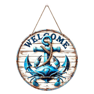 in stock American Style Wooden Round Crab Anchor Logo Tag Wooden Welcome Door Plate Seaside Restaurant Wall Decoration