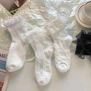Simple White Bow Lace Socks Children's Mid-length Socks Summer Thin Sweet Lolita Lace JK Socks Japanese Style