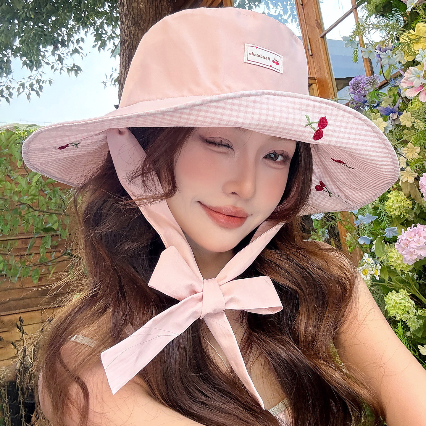 Double-Sided Cherry Embroidered Fisherman's Hat for Women, Spring and Summer, Large Brim, Foldable, Sun Protection, Fashionable Bucket Hat