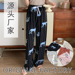 Cotton Silk Pajama Pants Women's Summer Thin plus size Faux Cotton Silk Outer Wearing Household Floral Long Pants Straight Loose