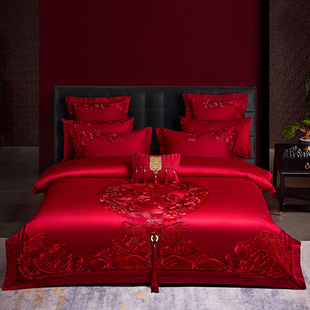 High-end wedding four-piece set 100 long-staple cotton red festive cotton cotton wedding bedding