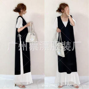 Spot 2024 Summer New Set Women's Japanese V-neck Black Dress White Dress Two-piece Set