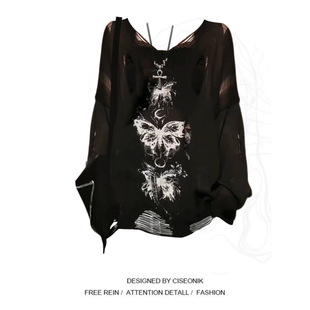 plus size Chubby Girl Spice Girl Vintage Butterfly Ripped V-Neck Sweater Summer Thin Lazy Long-Sleeved Sunscreen Blouse