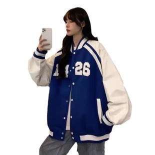 National Fashion Street Couple's Jacket Raglan Sleeve Contrast Color Collar American Baseball Suit Retro Student Klein Blue Jacket