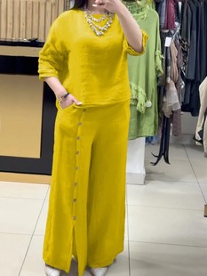 2025 Amazon Cross-border Women's Fashion Casual Loose Solid Color Cotton and Linen Short Sleeve Shirt Long Pants Two-piece Suit