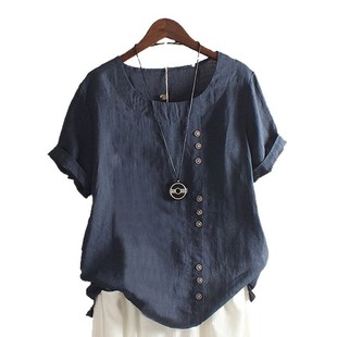 Cross-border Women's Cotton and Linen Top plus size Casual Loose Cotton and Linen T-shirt Cotton and Linen Women's plus size Women's Clothing AMZ