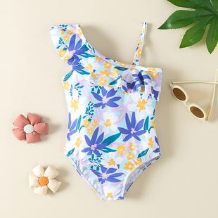 Cross-border foreign trade girl floral one-piece swimsuit shoulder strap children's swimming suit hot spring cute printed bikini