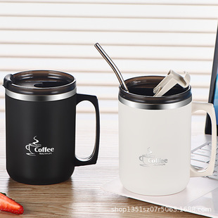 304 double-layer stainless steel mug with lid and straw drinking water Cup household office tea cup coffee cup