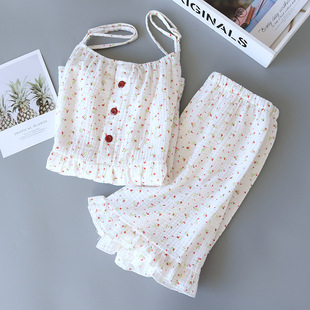 Floral Pajamas Women's Summer Pure Cotton Yarn Sling Shorts Age-reducing Auricularia Lace Home Air-conditioning Clothes Sleeping Cool Clothes