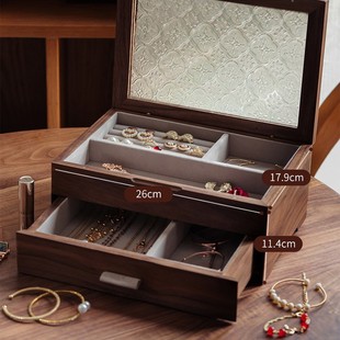 Large Capacity glass flip solid wood drawer jewelry box necklace earrings ring jewelry double-layer wooden storage box