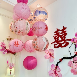 Bridal Room Decoration Pink Lantern Waterfall Wedding Chinese Paper Lantern Wedding Room Atmosphere Decoration Living Room Festive Pendant