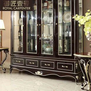 New Classical Restaurant Furniture Villa Large Apartment Solid Wood Carving Decorative Cabinet Wine Cabinet European-style Four-door Wine Cabinet