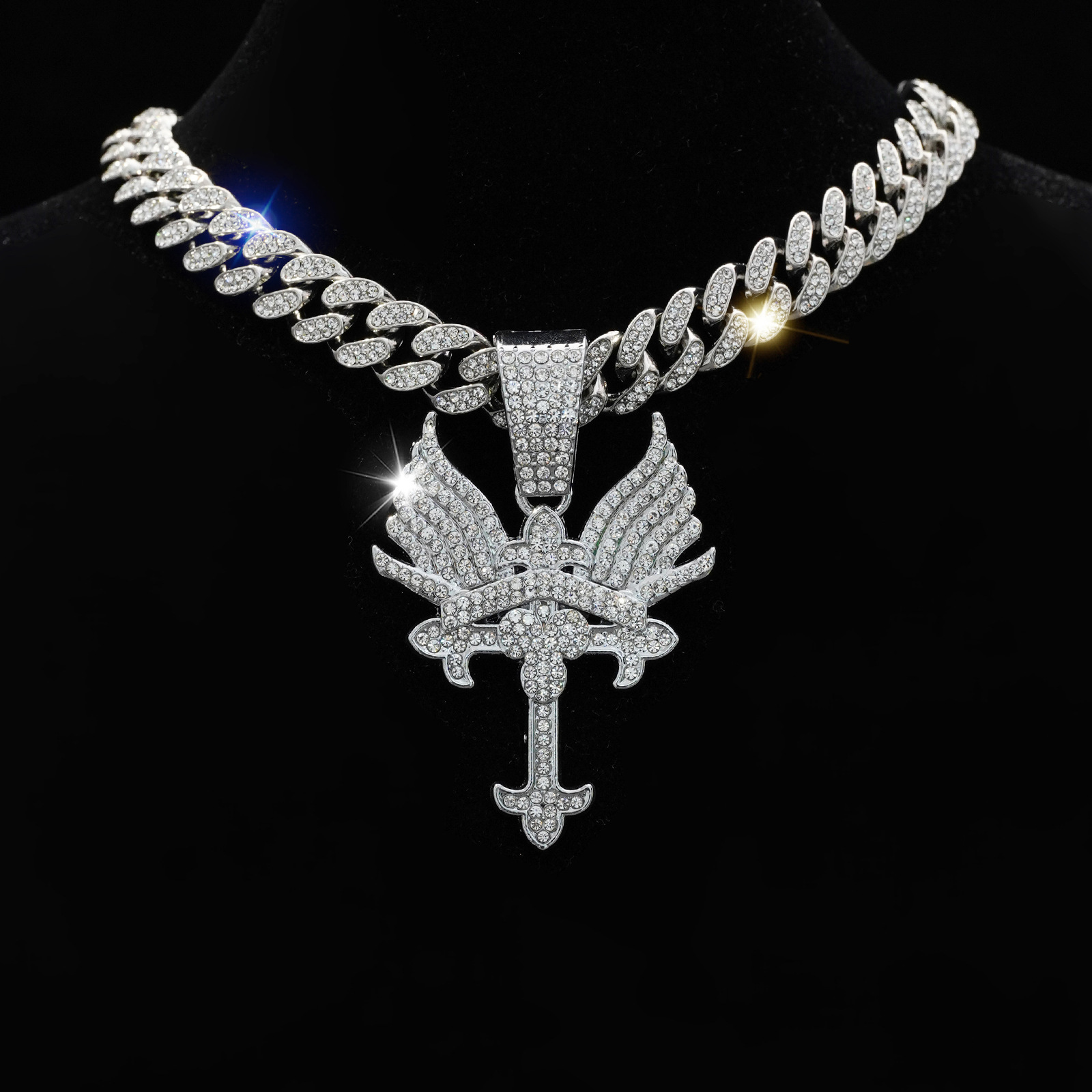 Cross-Border Hot Selling 14K Cuban Chain with Diamond Cross with Wings Big Brand Hip-Hop Big Gold Chain