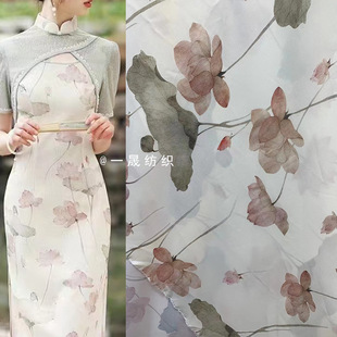 Popular online popular vintage Lotus Leaf Brocade cotton imitation Ramie printed fabric mother and child stripe cheongsam Hanfu women's clothing children's clothing fabric