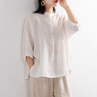 Cross-border Solid Color Linen Shirt Women's Summer New Retro Artistic Top Loose Sleeve Ramie Shirt Women