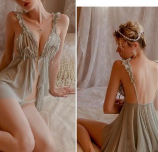 Mesh perspective sexy pajamas women's low-cut front buckle sling nightgown free transparent lace sexy pajamas wholesale