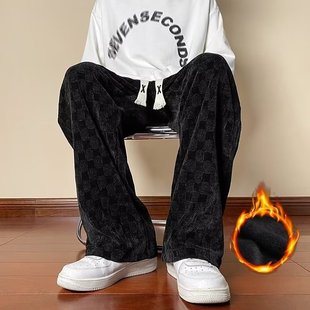 American-style hiphop Pants Men's Niche Design Chessboard Wide Leg Pants fleece-lined Straight Corduroy Men's Pants