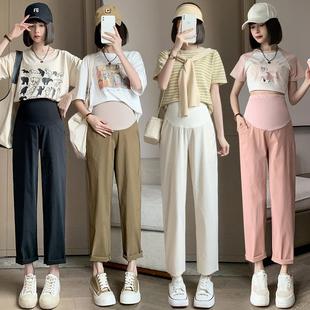 Real shot pregnant women Summer new cotton and linen stretch straight pants outer wear loose wide leg pants pants short pants