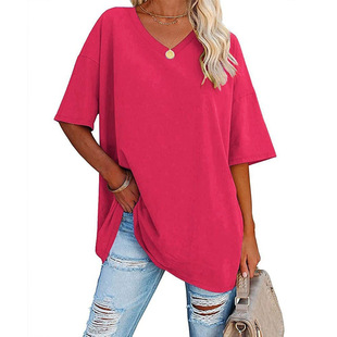 Cross-border European and American Women's Clothing Amazon Foreign Trade Spring and Summer New Color Loose Half-sleeve V-neck Cotton Belted Women's Top