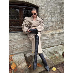 Real shot new khaki lapel long sleeve lace-up short trench coat cross-border European and American fashion temperament high-end trench coat