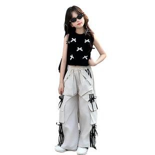Girls overalls suit summer 2025 new fashion vest bow wide leg pants. Two-piece set of tide