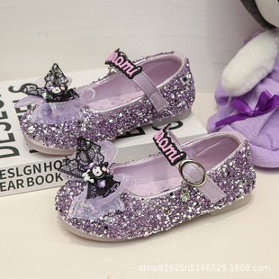 Girls Kulomi Leather Shoes 2025 Spring and Autumn New Girls Sequin Crystal Shoes Large Children's Velcro Princess Shoes