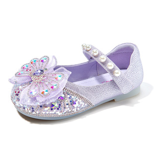 2024 spring and autumn girls' beautiful Western style leather shoes girls' princess style crystal shoes Convenient Velcro
