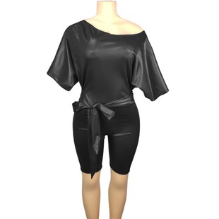 2024 cross-border AliExpress Women's European and American spring and summer fashion imitation pu matte imitation leather oblique shoulder jumpsuit with belt