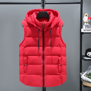 Cross-border autumn and winter thickened red zipper spot solid color hooded casual slim-fit side slit pocket vest men's wholesale